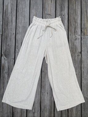 ANRABESS | Beige Linen Blend Crop High Rise Boho Wide Leg Pants | Size S